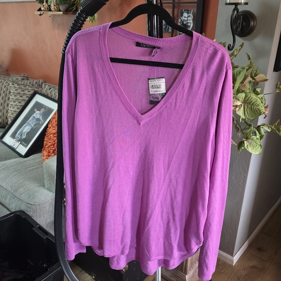 Lauren Ralph Lauren Pink V-Neck Sweater Silk Blend Size XL - Picture 1 of 5